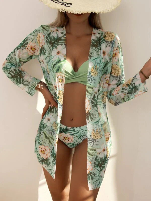 Stilværk™ | 3-delt Tropisk Bikinisæt med Kimono