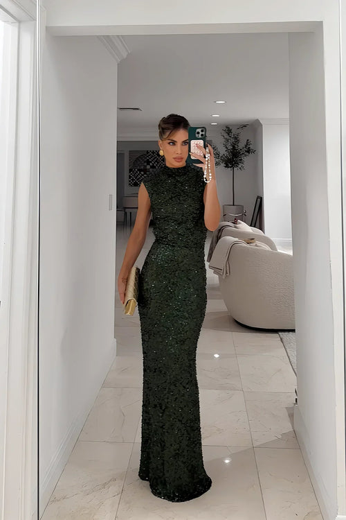 Stilværk™ | Elastisk paillet-maxikjole uden ryg